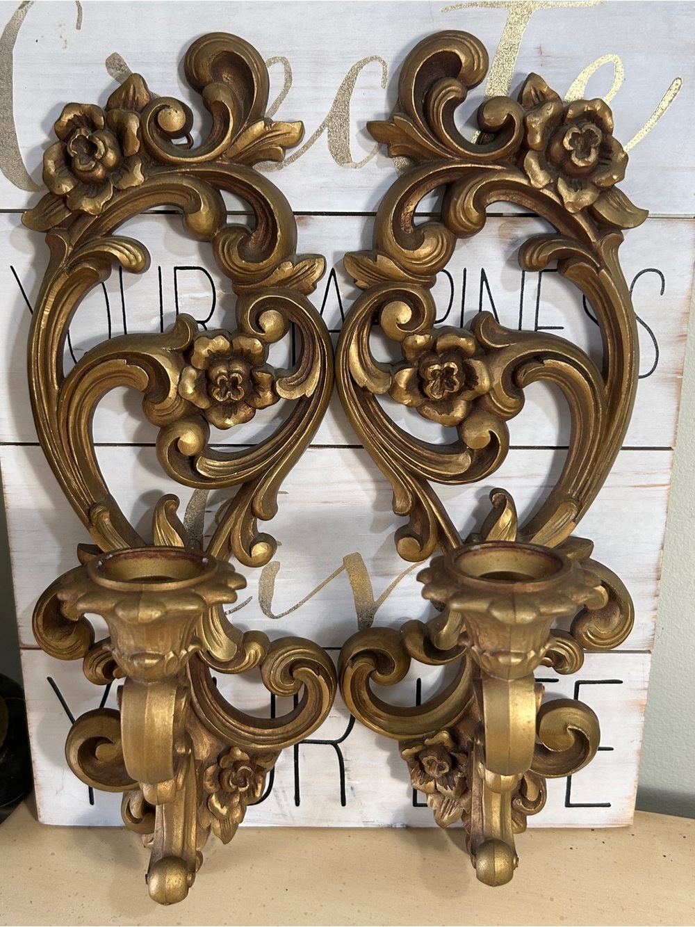 Vintage SET of 2 Homco Gold Bronze Ornate Floral Wall Sconces